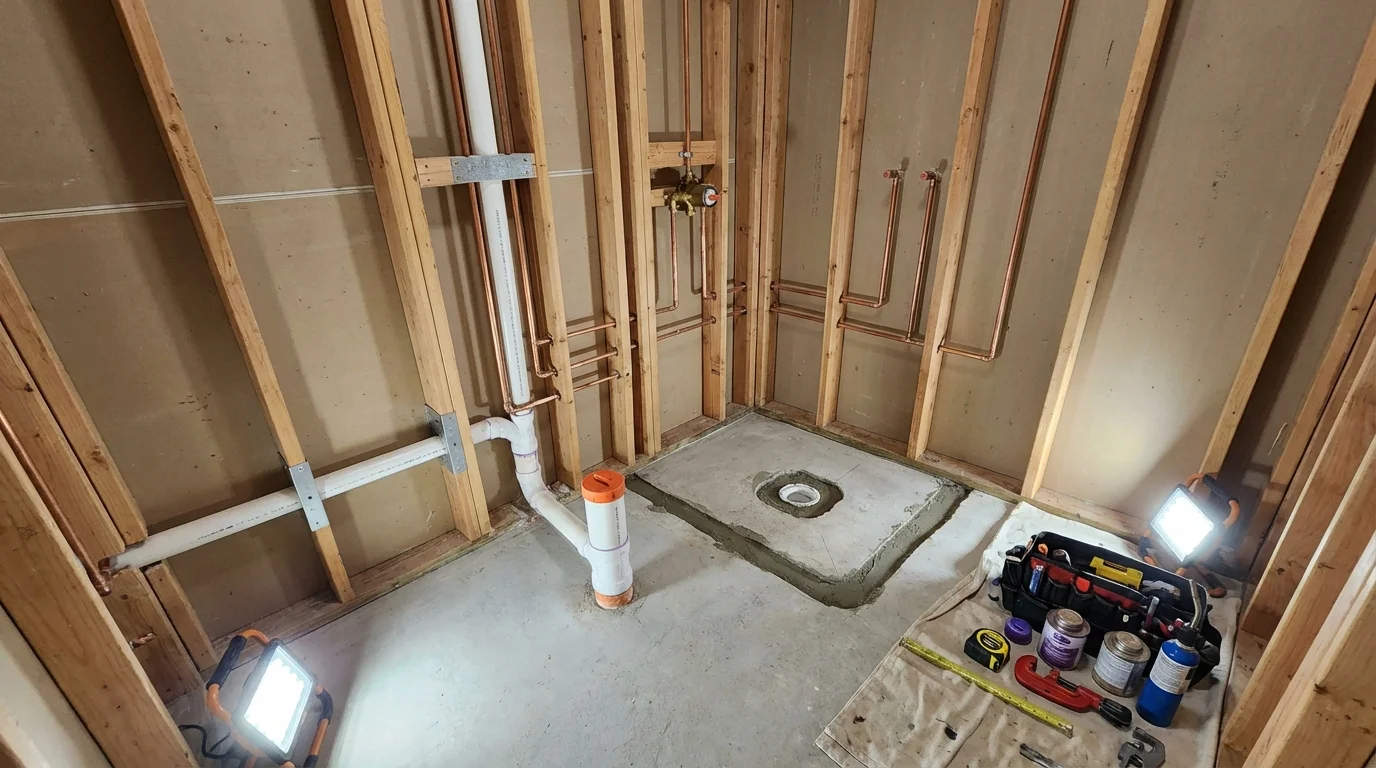 Bathroom rough-in plumbing during remodel by Johns Plumbing LLC in Havre
