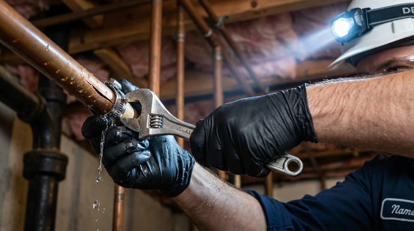 Emergency pipe clamp repair being performed by a Johns Plumbing LLC plumber in Havre