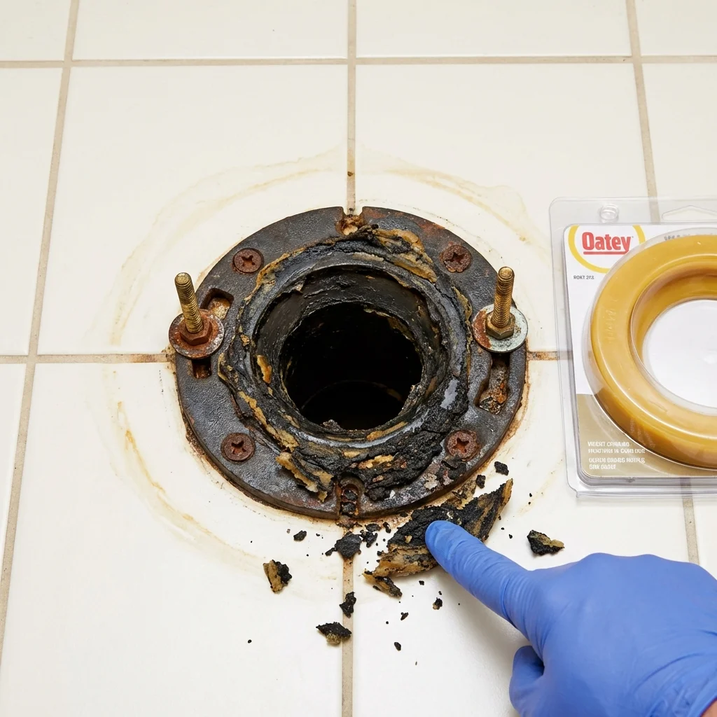 Failed wax ring showing water seepage at the base of a toilet in a Havre, MT home
